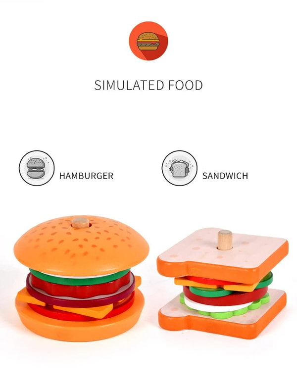Planet Gates Children Pretend Play Kitchen Toys Hamburger Sandwich Simulation Food Matching Games Montessori Educational Wooden Stacking Toys