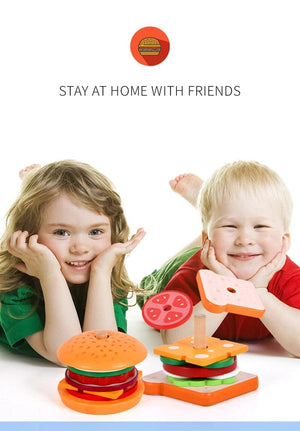 Planet Gates Children Pretend Play Kitchen Toys Hamburger Sandwich Simulation Food Matching Games Montessori Educational Wooden Stacking Toys