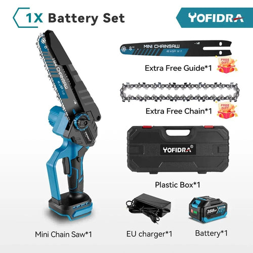 Planet Gates CHINA / 1 Battery EU Plug / EU YOFIDRA Brushless 8inch Electric Chainsaw Cordless Rechargeable Pruning Saw Woodworking Garden Power Tool For Makita 18V Battery