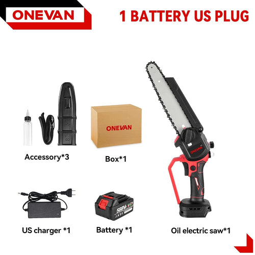 Planet Gates CHINA / 1 Battery US Plug ONEVAN Brushless 8 Inch Electric Saw Automatic Oiler Handheld Garden Pruning Chainsaw Woodworking Tool for Makita 18V Battery
