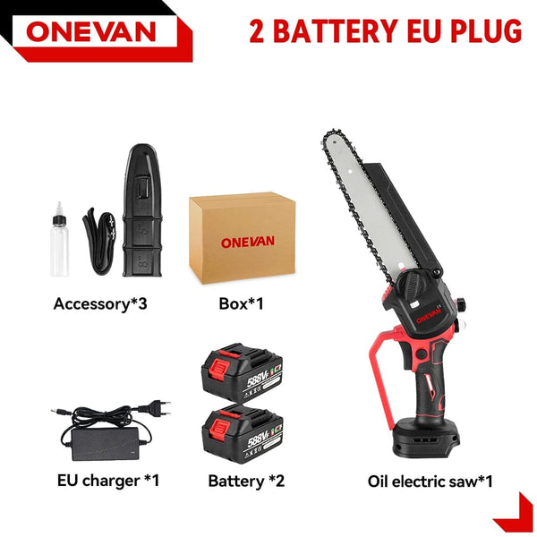 Planet Gates CHINA / 1 Battery US Plug ONEVAN Brushless 8 Inch Electric Saw Automatic Oiler Handheld Garden Pruning Chainsaw Woodworking Tool for Makita 18V Battery