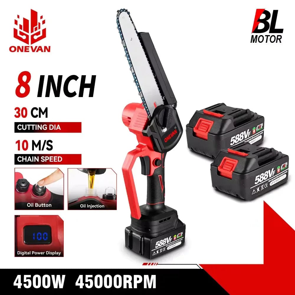 Planet Gates CHINA / 1 Battery US Plug ONEVAN Brushless 8 Inch Electric Saw Automatic Oiler Handheld Garden Pruning Chainsaw Woodworking Tool for Makita 18V Battery