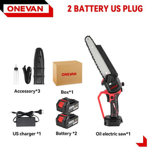 Planet Gates CHINA / 1 Battery US Plug ONEVAN Brushless 8 Inch Electric Saw Automatic Oiler Handheld Garden Pruning Chainsaw Woodworking Tool for Makita 18V Battery