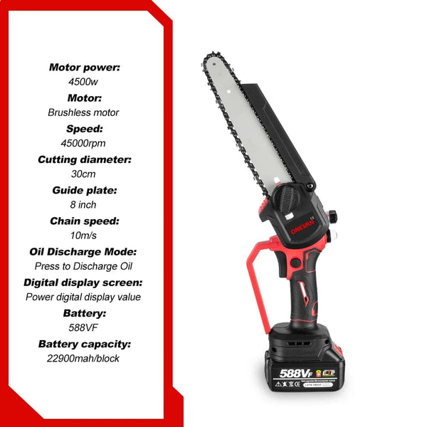 Planet Gates CHINA / 1 Battery US Plug ONEVAN Brushless 8 Inch Electric Saw Automatic Oiler Handheld Garden Pruning Chainsaw Woodworking Tool for Makita 18V Battery