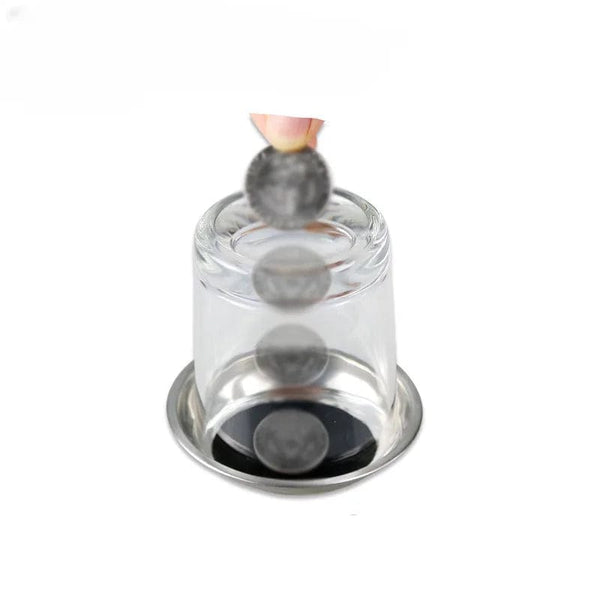 Planet Gates CHINA 1 Pieces Coin Penetration Magic Tricks Quality Stretch Coins Thru Glass Cup Bottom Into Cup Black Hole Magic Props Illusion