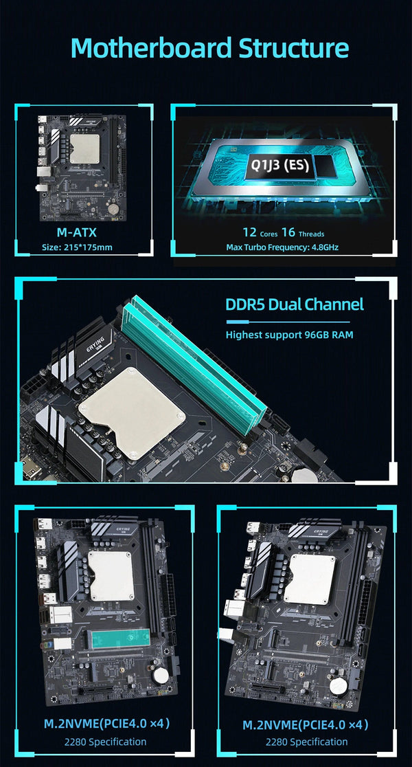 Planet Gates CHINA / Motherboard+CPU ATX DIY Desktop Motherboard with Onboard 13th Kit Interposer Core CPU Q1J3(i7 ES 0000)12C16T Iris Xe Graphics DDR5 RAM