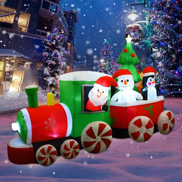 Planet Gates Christmas Decoration Inflatable Train Santa Claus Snowman Length 8.8ft Inflatable Toys with LED Lights Outdoor Garden Ornament