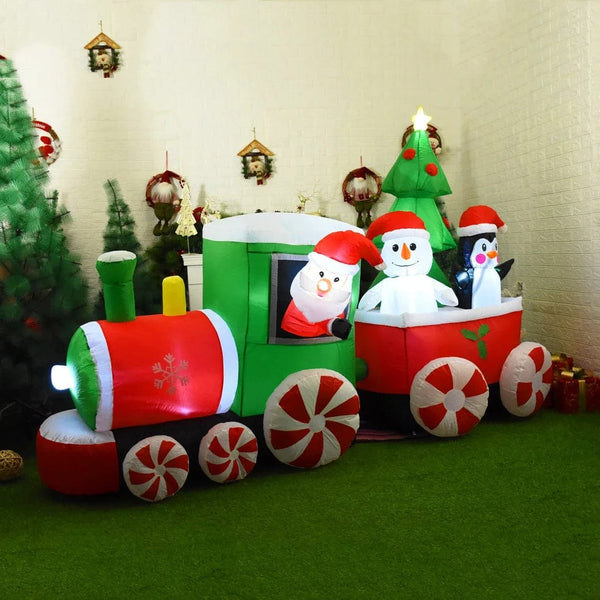 Planet Gates Christmas Decoration Inflatable Train Santa Claus Snowman Length 8.8ft Inflatable Toys with LED Lights Outdoor Garden Ornament