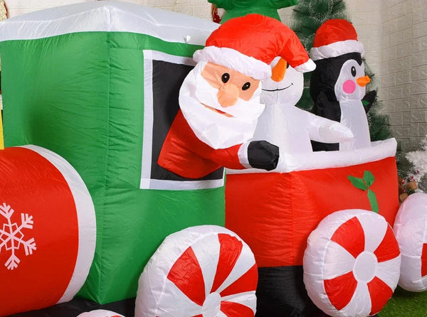 Planet Gates Christmas Decoration Inflatable Train Santa Claus Snowman Length 8.8ft Inflatable Toys with LED Lights Outdoor Garden Ornament