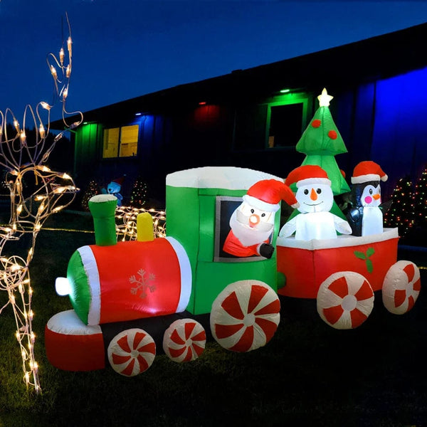 Planet Gates Christmas Decoration Inflatable Train Santa Claus Snowman Length 8.8ft Inflatable Toys with LED Lights Outdoor Garden Ornament