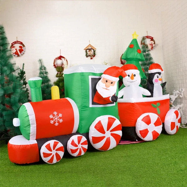 Planet Gates Christmas Decoration Inflatable Train Santa Claus Snowman Length 8.8ft Inflatable Toys with LED Lights Outdoor Garden Ornament