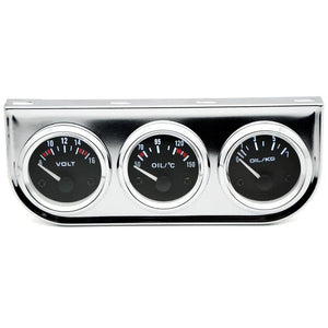 Planet Gates Chrome and Black Oil Temp Oil Pressure Volt Gauge 52mm 3 in 1 Triple Gauge Kit Black/Chrome Bezel Black/White Face With Temp&Pressure Sensor