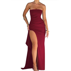 Planet Gates Claret / XL / CHINA Summer Sexy Tube Top High Slit Backless Dress Ruffled Off-Shoulder Sleeveless Slim Elegant Elegant High-End Club Party Long Skirt Evening Dress Wedding Dress
