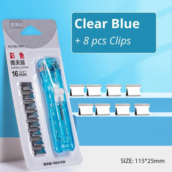Planet Gates Clear Blue Mini Traceless Reusable Hand Clamp Push Stapler Paper Book File Office School Student Binder Binding Tools Supplies Accessories