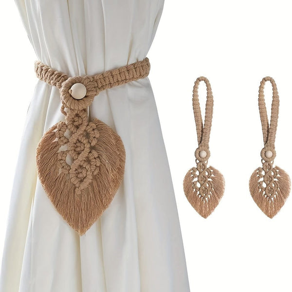 Planet Gates Coffee 2pcs Bohemian Woven Leaf Curtain Ties Curtain Tieback Curtain Holdback For Bedroom Living Room Home Decor, 40.01*13.0cm