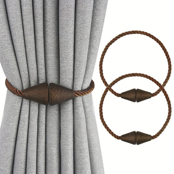Planet Gates Coffee 2pcs Modern Magnetic Curtain Tiebacks - Handmade Weave Holdbacks for Bedroom and Living Room - Easy to Use and Stylish Home Decor