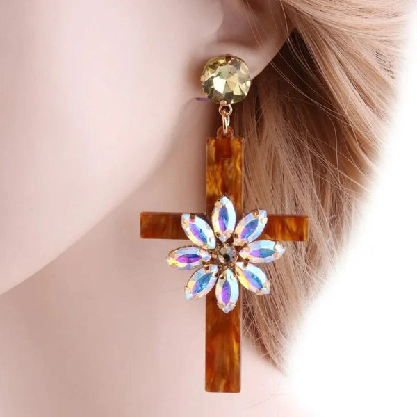 Planet Gates coffee AB Drop Resin Cross Earrings Brand Crystal Big Earring Large Long Brinco Ear Accessories Oorbellen Christmas Gift jewelr