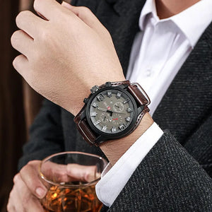 Planet Gates Coffee YIKAZE Retro Men's Watches Classic Luxury Business Quartz Watch Fashion Big Dial Leather Strap Date Military Wristwatch for Men