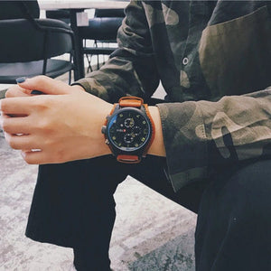 Planet Gates Coffee YIKAZE Retro Men's Watches Classic Luxury Business Quartz Watch Fashion Big Dial Leather Strap Date Military Wristwatch for Men
