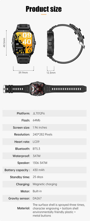 Planet Gates COLMI P76 1.96" Outdoor Military Smartwatch Men Bluetooth Call Smart Watch 3ATM IP68 Waterproof Rating Sports Fitness Watches