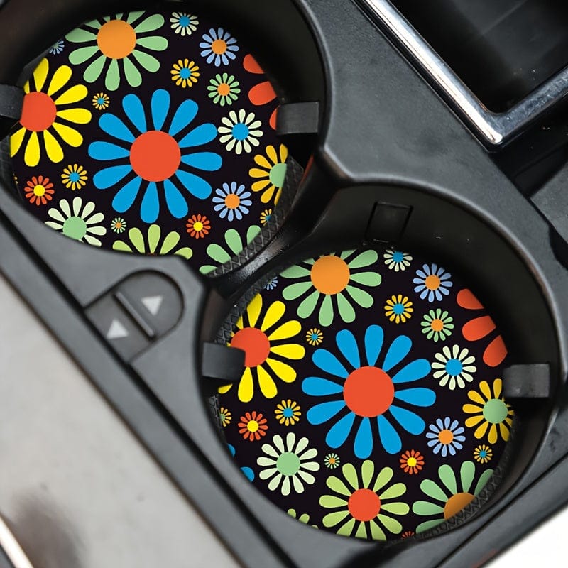 Planet Gates Colorful 2pcs Car Cup Mats Round Colorful Daisy Restaurant Family Cup Mats Heat-resistant Car Cup Anti-slip Mats