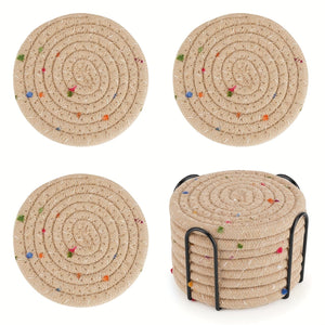 Planet Gates Colorful 8pcs, Round Fabric Coasters, Thermal Insulation Mat For Household Kitchen Tables, Round Cotton Rope Woven Meal Pad, Plate Mat, Cup Mat, Pot Mat, Hanging Home Decoration