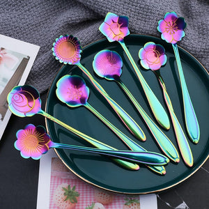 Planet Gates Colorful / 8pcs/set Romantic Flower Stainless Steel Coffee Spoon 8-Piece Set Dessert Stirring Spoon Flower Tea Spoon Wedding Gift Spoon Afternoon Tea