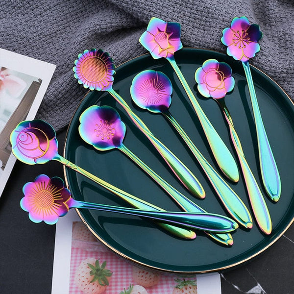Planet Gates Colorful / 8pcs/set Romantic Flower Stainless Steel Coffee Spoon 8-Piece Set Dessert Stirring Spoon Flower Tea Spoon Wedding Gift Spoon Afternoon Tea
