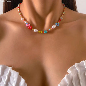 Planet Gates Colorful Baroque Simulated Pearls Cute Flowers Colorful Hand-woven Beaded Short Clavicle Chain Choker Necklace For Women Girls Jewelry