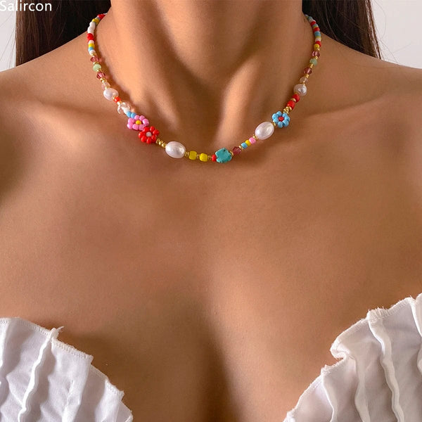 Planet Gates Colorful Baroque Simulated Pearls Cute Flowers Colorful Hand-woven Beaded Short Clavicle Chain Choker Necklace For Women Girls Jewelry