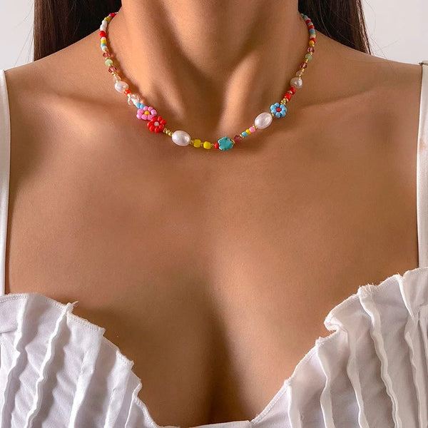 Planet Gates Colorful Baroque Simulated Pearls Cute Flowers Colorful Hand-woven Beaded Short Clavicle Chain Choker Necklace For Women Girls Jewelry