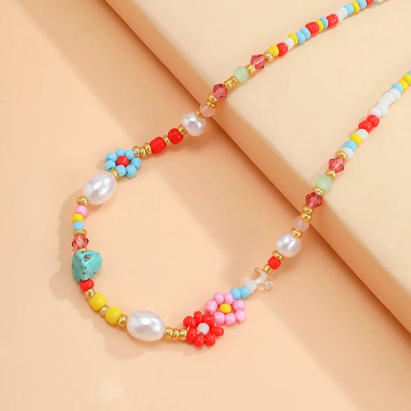 Planet Gates Colorful Baroque Simulated Pearls Cute Flowers Colorful Hand-woven Beaded Short Clavicle Chain Choker Necklace For Women Girls Jewelry