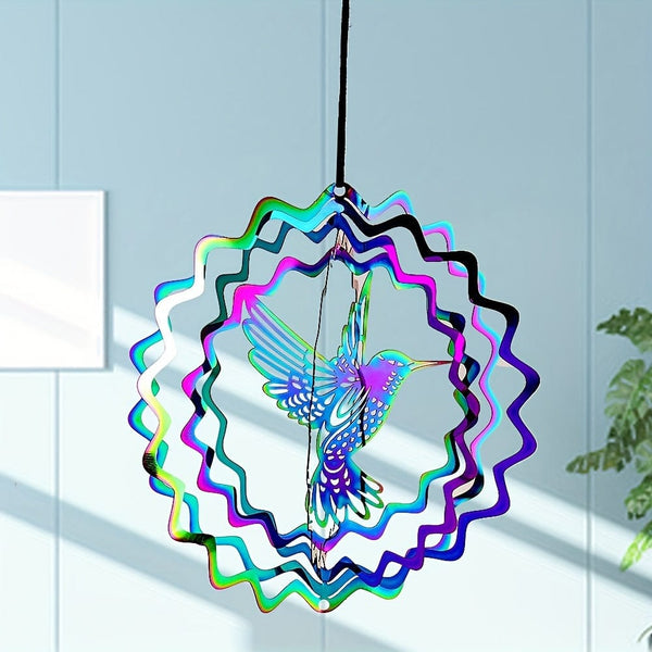 Planet Gates Colourful 1pc Colourful 3D Hummingbird Rotating Windchime Pendant Metal Wind Spinner Garden Ornament, Outdoor Decor Balcony Window Decoration