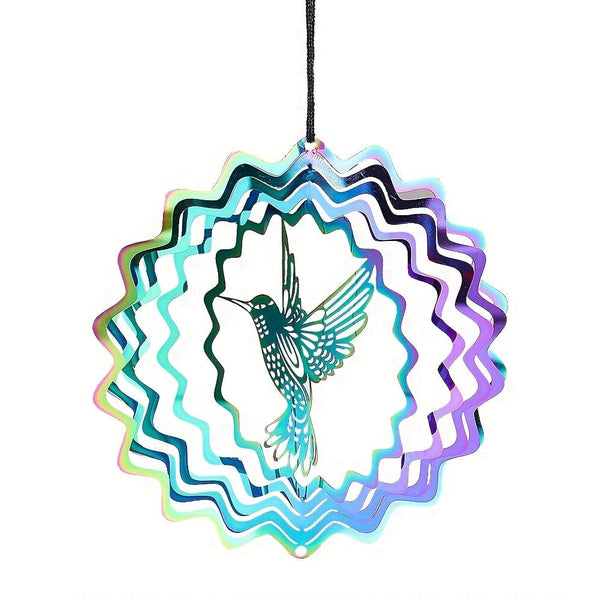 Planet Gates Colourful 1pc Colourful 3D Hummingbird Rotating Windchime Pendant Metal Wind Spinner Garden Ornament, Outdoor Decor Balcony Window Decoration