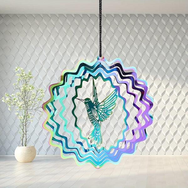 Planet Gates Colourful 1pc Colourful 3D Hummingbird Rotating Windchime Pendant Metal Wind Spinner Garden Ornament, Outdoor Decor Balcony Window Decoration