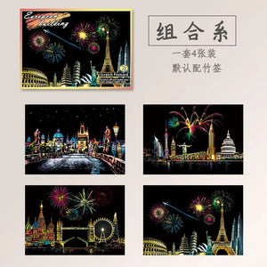 Planet Gates Combination / CHINA 4Pcs Children DIY Night Scene Art Scratch Painting Toys City Building Landscape Kids Educational Toys Birthday Gift Room Decor