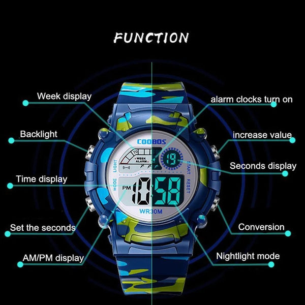 Planet Gates COOBOS Kids Watch Camouflage Sports Electronic Digital Watch Waterproof Multi-function LED Watch For Boys Girls Children Watch