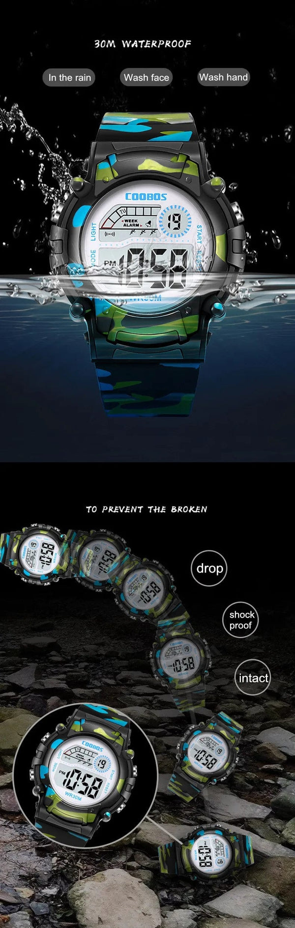 Planet Gates COOBOS Kids Watch Camouflage Sports Electronic Digital Watch Waterproof Multi-function LED Watch For Boys Girls Children Watch