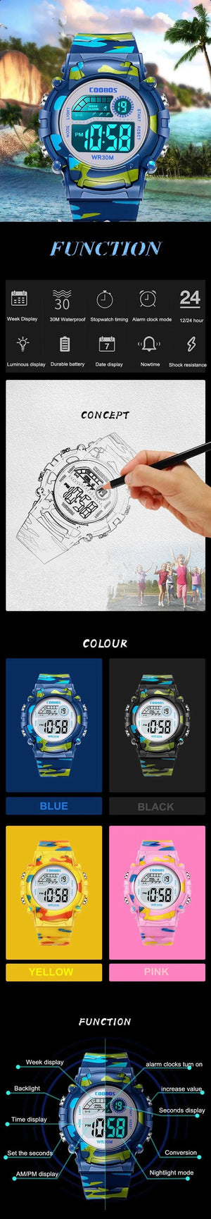 Planet Gates COOBOS Kids Watch Camouflage Sports Electronic Digital Watch Waterproof Multi-function LED Watch For Boys Girls Children Watch