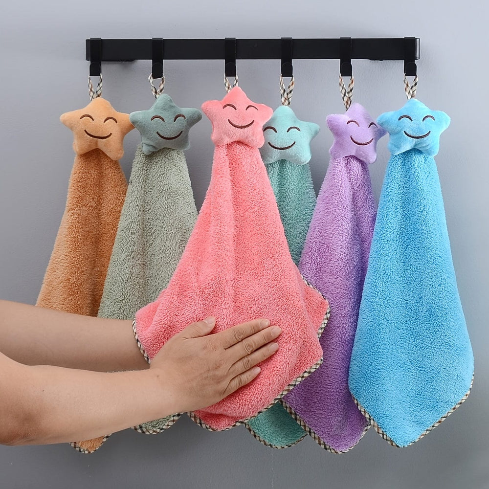 Planet Gates Coral Fleece Creative Star Style/Random Color-1 Pack 1pc Soft and Absorbent Coral Fleece Hand Towel with Lanyard - Perfect for Bathroom and Kitchen Use