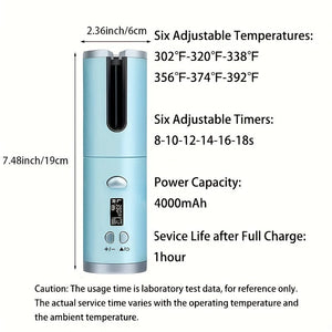 Planet Gates Cordless Automatic Curling Iron - USB Rechargeable, Anti-Tangle, Ceramic Cylinder, Quick Heating, 5-Level Temperature Control - Perfect For Long Hair, Includes Gift Box