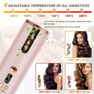 Planet Gates Cordless Automatic Curling Iron - USB Rechargeable, Anti-Tangle, Ceramic Cylinder, Quick Heating, 5-Level Temperature Control - Perfect For Long Hair, Includes Gift Box