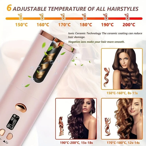 Planet Gates Cordless Automatic Curling Iron - USB Rechargeable, Anti-Tangle, Ceramic Cylinder, Quick Heating, 5-Level Temperature Control - Perfect For Long Hair, Includes Gift Box