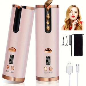 Planet Gates Cordless Automatic Curling Iron - USB Rechargeable, Anti-Tangle, Ceramic Cylinder, Quick Heating, 5-Level Temperature Control - Perfect For Long Hair, Includes Gift Box