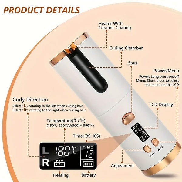Planet Gates Cordless Automatic Curling Iron - USB Rechargeable, Anti-Tangle, Ceramic Cylinder, Quick Heating, 5-Level Temperature Control - Perfect For Long Hair, Includes Gift Box