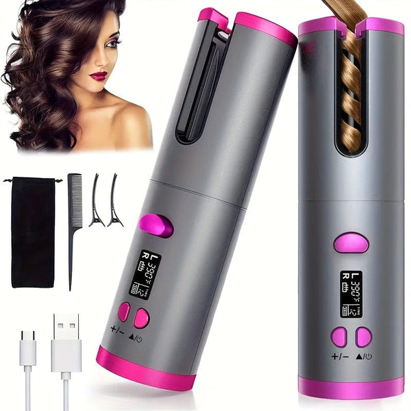 Planet Gates Cordless Automatic Curling Iron - USB Rechargeable, Anti-Tangle, Ceramic Cylinder, Quick Heating, 5-Level Temperature Control - Perfect For Long Hair, Includes Gift Box