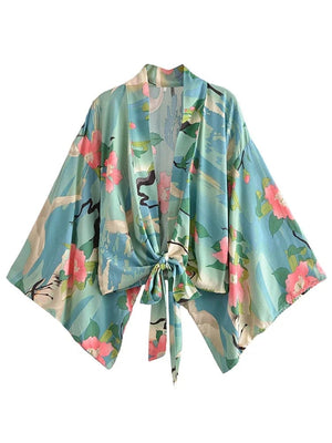 Planet Gates Crane Green / S Boho Vintage Floral Print Beach Summer Short Kimono Women Fashion Ladies Casual V Neck Batwing Sleeves Bohemian Cover-ups