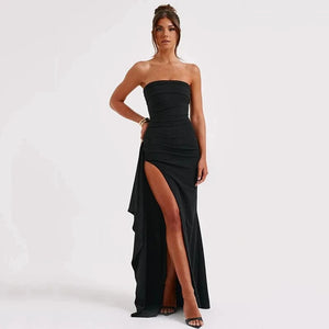 Planet Gates Cryptographic Off Shoulder Elegant High Rise Split Maxi Dress Club Outfits for Women Sexy Strapless Evening Dresses Ruched Gown