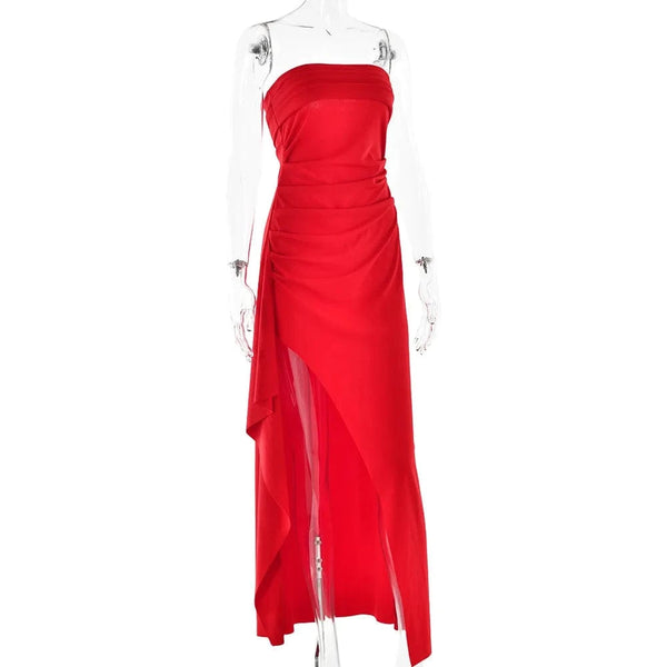 Planet Gates Cryptographic Off Shoulder Elegant High Rise Split Maxi Dress Club Outfits for Women Sexy Strapless Evening Dresses Ruched Gown