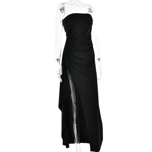 Planet Gates Cryptographic Off Shoulder Elegant High Rise Split Maxi Dress Club Outfits for Women Sexy Strapless Evening Dresses Ruched Gown